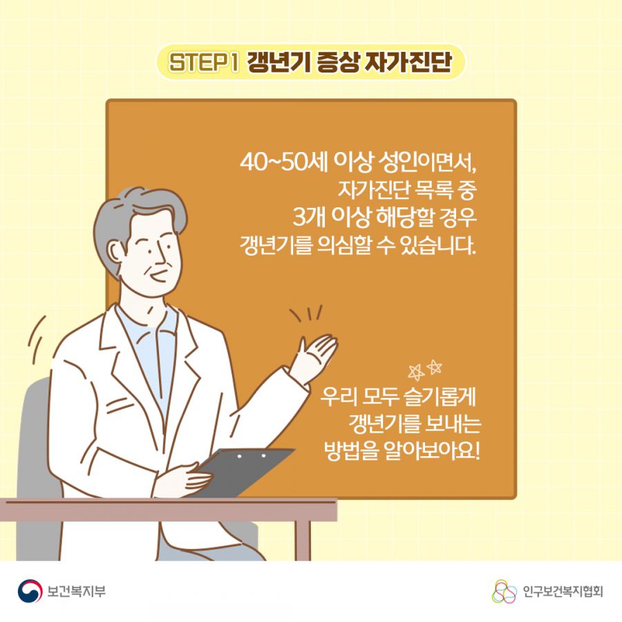 40~50세 이상 성인이면서, 자가진단 목록 중 3개 이상 해당할 경우 갱년기를 의심할 수 있습니다. 우리 모두 슬기롭게 갱년기를 보내는 방법을 알아보아요! 보건복지부로고,인구보건복지협회로고