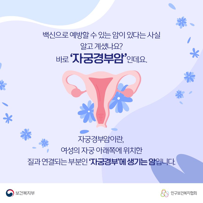 백신으로 예방할 수 있는 암이 있다는 사실 알고 계셨나요? 바로 '자궁경부암'인데요. 자궁경부암이란, 여성의 자궁 아래쪽에 위치한 질과 연결되는 부분인 '자궁경부'에 생기는 암입니다. 보건복지부로고,인구보건복지협회로고