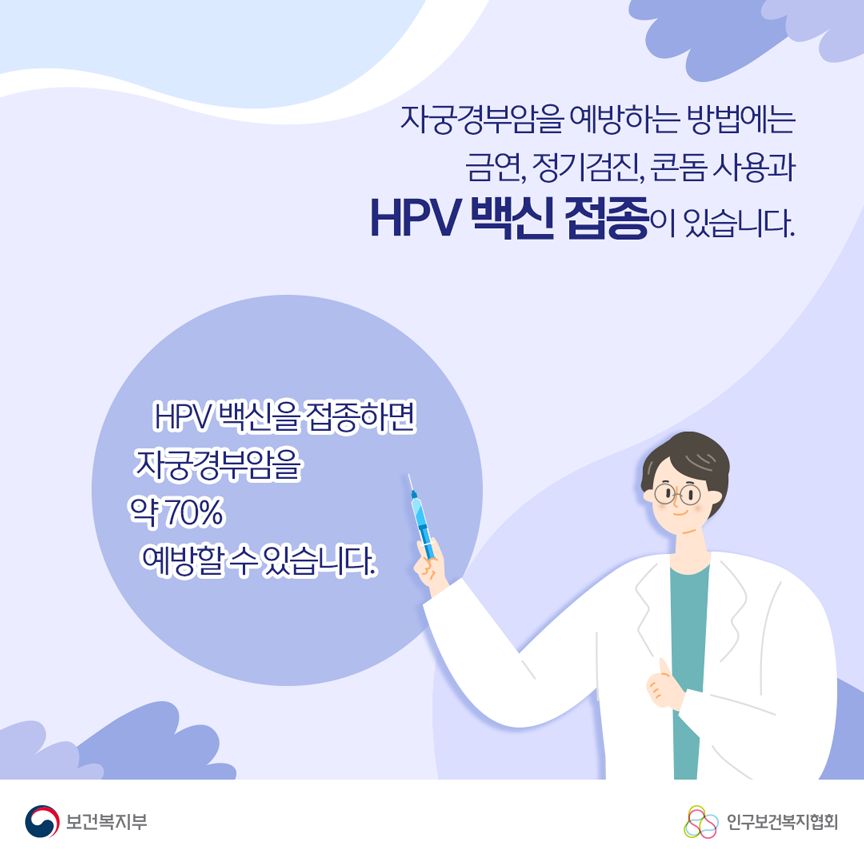 자궁경부암을 예방하는 방법에는 금연, 정기검진, 콘돔 사용과 HPV 백신 접종이 있습니다. HPV 백신을 접종하면 자궁경부암을 약 70% 예방 할 수 있습니다. 보건복지부로고,인구보건복지협회로고