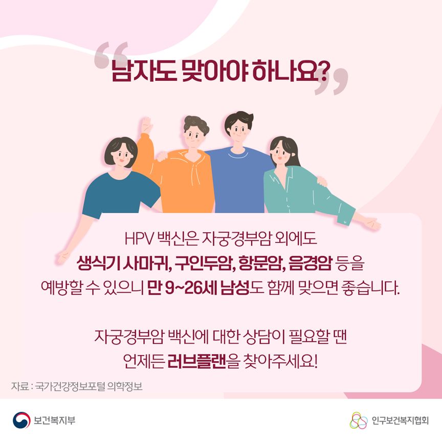 남자도 맞아야 하나요? HPV 백신은 자궁경부암 외에도 생식기 사마귀, 구인두암, 항문암, 음경암 등을 예방할 수 있으니 만 9~26세 남성도 함꼐 맞으면 좋습니다. 자궁경부암 백신에 대한 상담이 필요할 땐 언제든 러브플랜을 찾아주세요! 자료: 국가건강정보포털 의학정보 보건복지부로고,인구보건복지협회로고