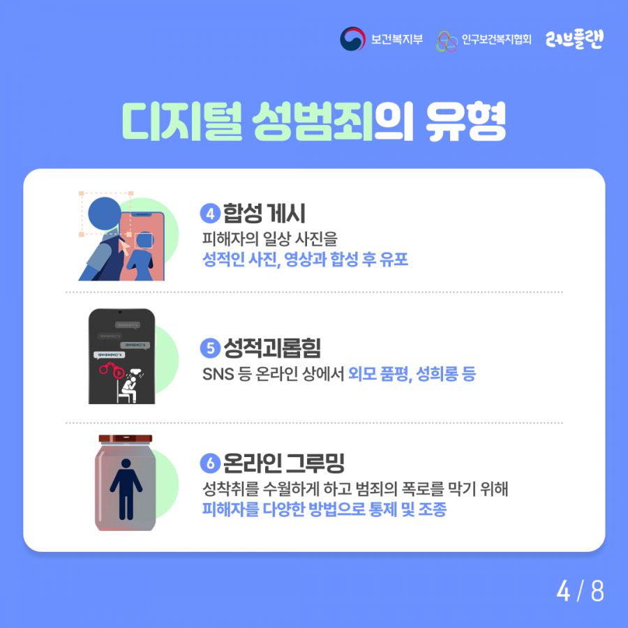 보건복지부로고,인구보건복지협회로고,러브플랜로고 4. 합성 게시 피해자의 일상 사진을 성적인 사진, 영상과 합성 후 유포 5. 성적괴롭힘 SNS 등 온라인 상에서 외모 품평, 성희롱 등 6. 온라인 그루밍 성착취를 수월하게 하고 범죄의 폭로를 막기 위해 피해자를 다양한 방법으로 통제 및 조종