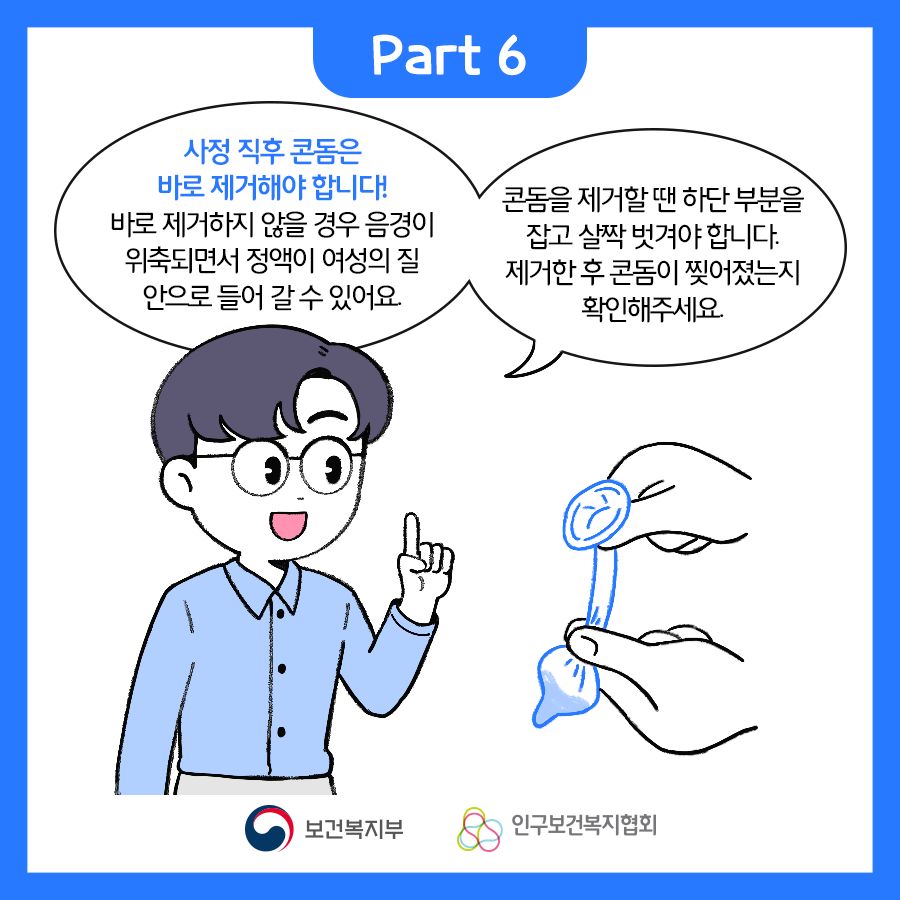 Part6. 사정 직후 콘돔은 바로 제거해야 합니다! 바로 제거하지 않을 경우 음경이 위축되면서 정액이 여성의 질 안으로 들어 갈 수 있어요. 콘돔을 제거할 땐 하단 부분을 잡고 살짝 벗겨야 합니다. 제거한 후 콘돔이 찢어졌는지 확인해주세요.