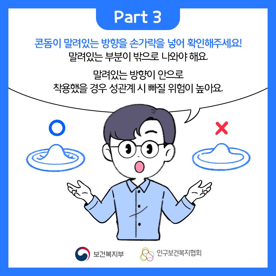 Part3. 콘돔이 말려있는 방향을 손가락을 넣어 확인해주세요! 말려있는 부분이 밖으로 나와야 해요. 말려있는 방향이 안으로 착용했을 경우 성관계 시 빠질 위험이 높아요.