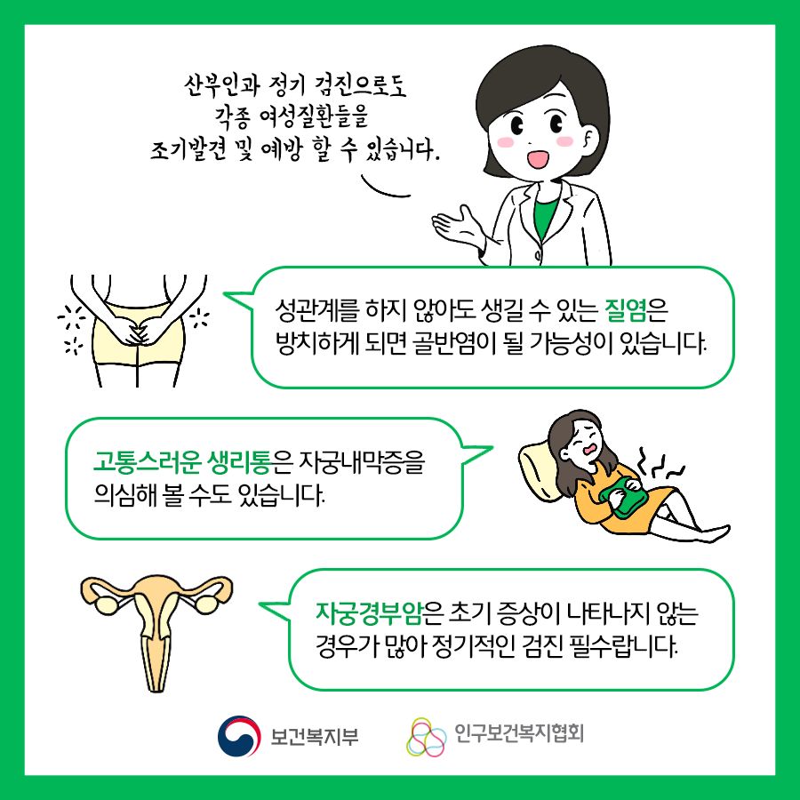 산부인과 정기 검진으로도 각종 여성질환들을 조기발 견 및 예방 할 수 있습니다. 성관계를 하지 않아도 생길 수 있는 질염은 방치하게 되면 골반염이 될 가능성이 있습니다. 고통스러운 생리통은 자궁내막증을 의심해 볼 수도 있습니다. 자궁경부암은 초기 증상이 나타나지 않는 경우가 많아 정기적인 검진이 필수랍니다.