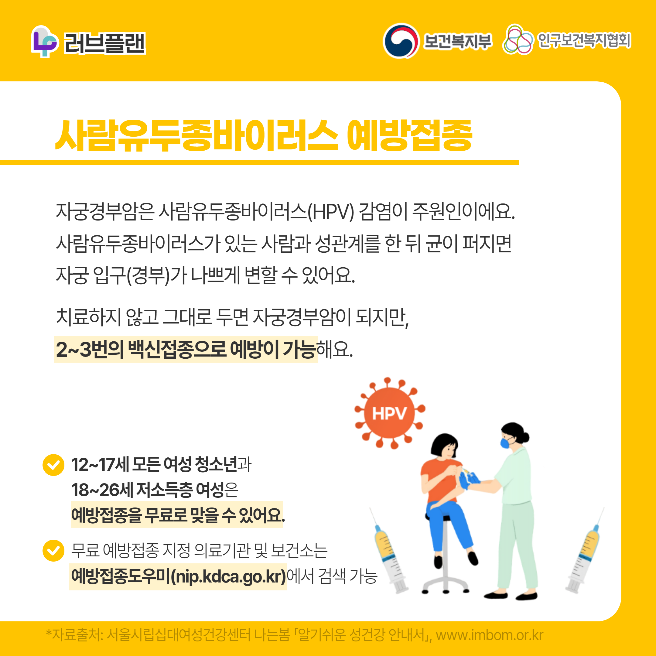 러브플랜 로고,보건복지부 로고,인구보건복지협회 로고,사람유두종바이러스 예방접종,자궁경부암은 사람유두종바이러스(HPV) 감염이 주원인이에요. 사람유두종바이러스가 있는 사람과 성관계를 한 뒤 균이 퍼지면 자궁 입구(경부)가 나쁘게 변할 수 있어요.,치료하지 않고 그대로 두면 자궁경부암이 되지만, 2~3번의 백신접종으로 예방이 가능해요.,12~17세 모든 여성 청소년과 18~26세 저소득층 여성은 예방접종을 무료로 맞을 수 있어요.,무료 예방접종 지정 의료기관 및 보건소는 예방접종도우미(nip.kdca.go.kr)에서 검색 가능,*자료출처: 서울시립십대여성건강센터 나는봄 「알기쉬운 성건강 안내서」 www.imbom.or.kr