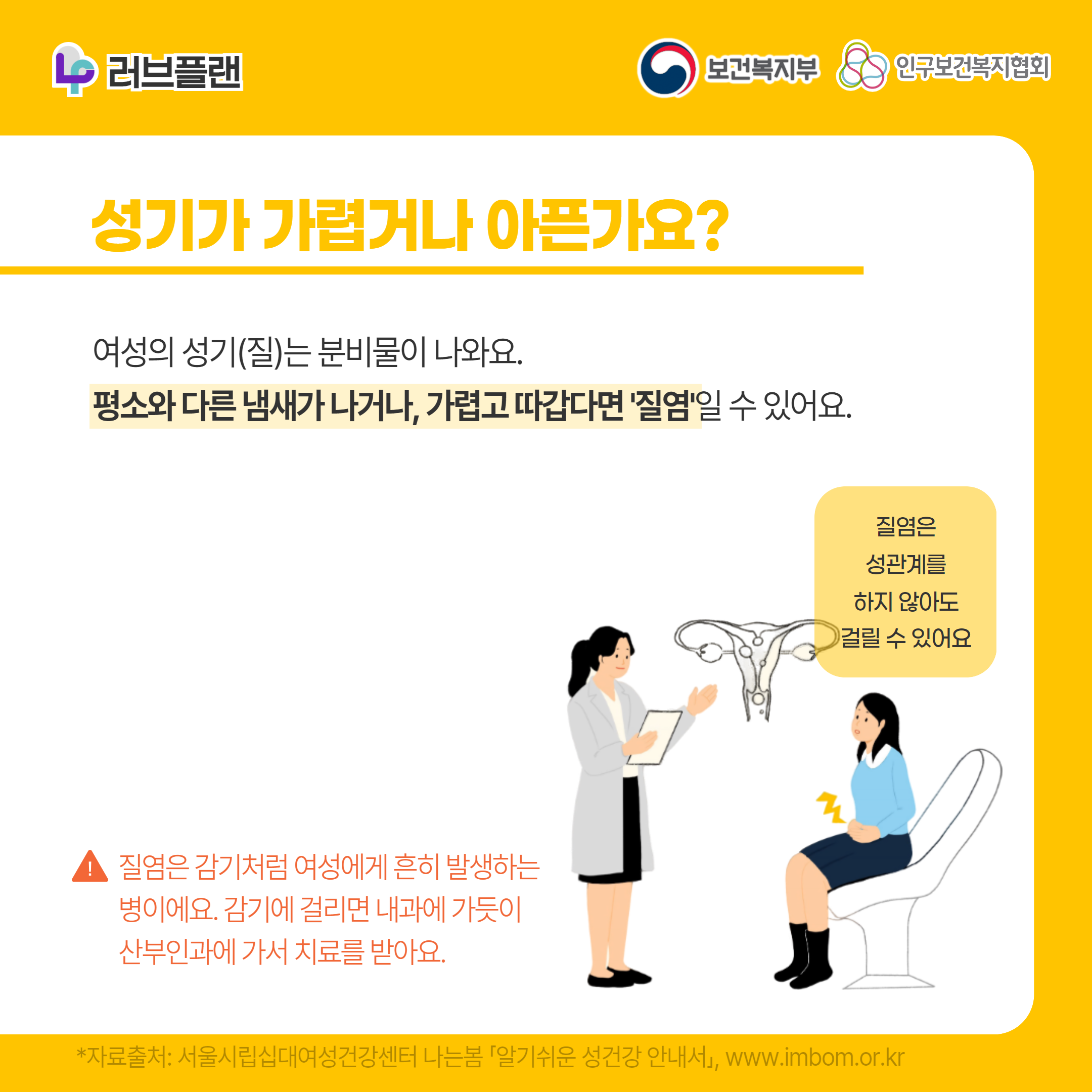 러브플랜 로고,보건복지부 로고,인구보건복지협회 로고,성기가 가렵거나 아픈가요?,여성의 성기(질)는 분비물이 나와요. 평소와 다른 냄새가 나거나, 가렵고 따갑다면 '질염'일 수 있어요.,질염은 성관계를 하지 않아도 걸릴 수 있어요,질염은 감기처럼 여성에게 흔히 발생하는 병이에요. 감기에 걸리면 내과에 가듯이 산부인과에 가서 치료를 받아요.,,*자료출처: 서울시립십대여성건강센터 나는봄 「알기쉬운 성건강 안내서」 www.imbom.or.kr