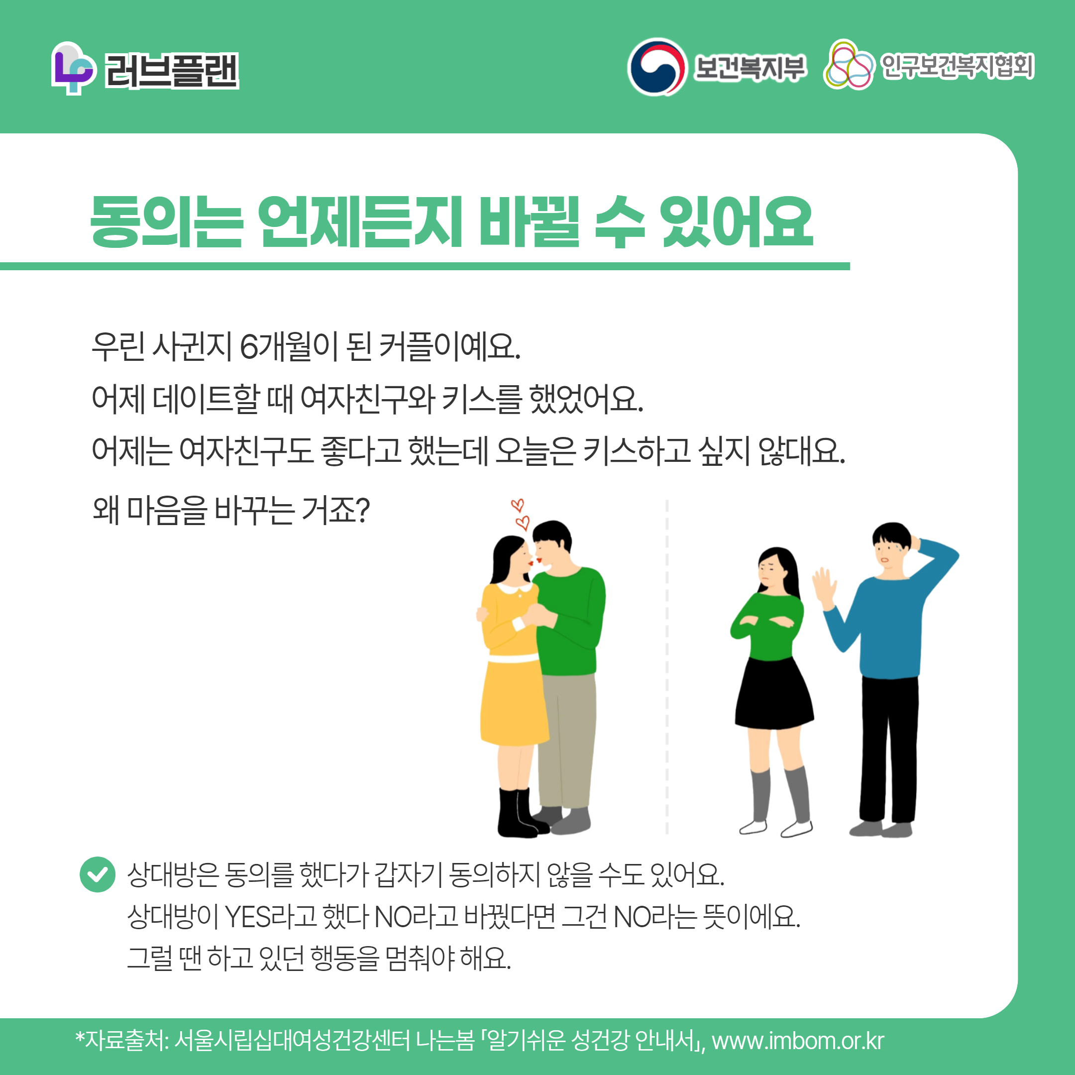 러브플랜 로고,보건복지부 로고,인구보건복지협회 로고,동의는 언제든지 바뀔 수 있어요,우린 사귄지 6개월이 된 커플이예요. 어제 데이트할 때 여자친구와 키스를 했었어요. 어제는 여자친구도 좋다고 했는데 오늘은 키스하고 싶지 않대요.왜 마음을 바꾸는 거죠?,상대방은 동의를 했다가 갑자기 동의하지 않을 수도 있어요. 상대방이 YES라고 했다 NO라고 바꿨다면 그건 NO라는 뜻이에요. 그럴 땐 하고 있던 행동을 멈춰야 해요.,*자료출처: 서울시립십대여성건강센터 나는봄 「알기쉬운 성건강 안내서」 www.imbom.or.kr