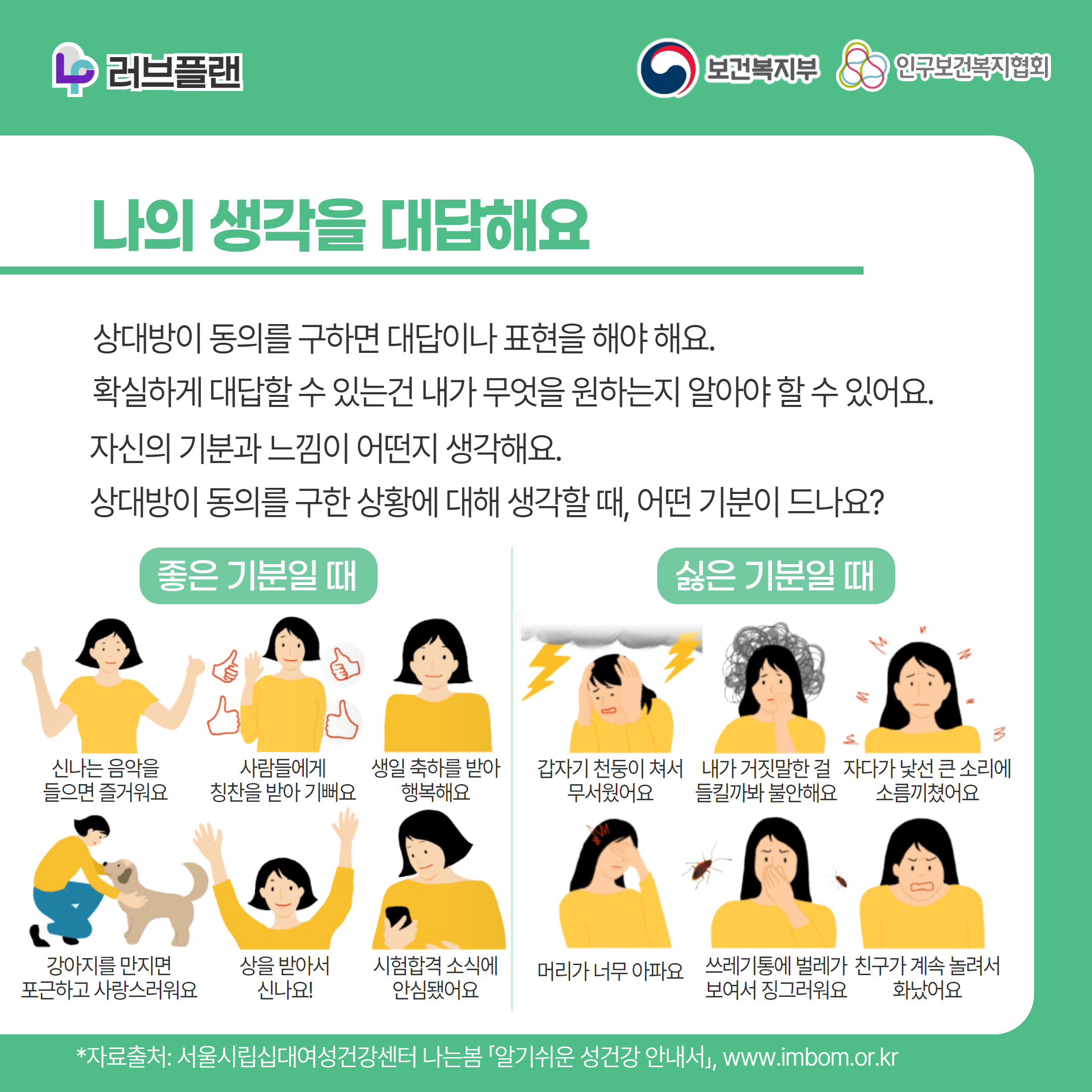 러브플랜 로고,보건복지부 로고,인구보건복지협회 로고,나의 생각을 대답해요,상대방이 동의를 구하면 대답이나 표현을 해야 해요. 확실하게 대답할 수 있는건 내가 무엇을 원하는지 알아야 할 수 있어요. 자신의 기분과 느낌이 어떤지 생각해요. 상대방이 동의를 구한 상황에 대해 생각할 때, 어떤 기분이 드나요?, 좋은 기분일 때,신나는 음악을 들으면 즐거워요,사람들에게 칭찬을 받아 기뻐요,생일 축하를 받아 행복해요,강아지를 만지면 포근하고 사랑스러워요,상을 받아서 신나요!,시험합격 소식에 안심됐어요,싫은 기분일 때,갑자기 천둥이 쳐서 무서웠어요,내가 거짓말한 걸 들킬까봐 불안해요,자다가 낯선 큰 소리에 소름끼쳤어요,머리가 너무 아파요,쓰레기통에 벌레가 보여서 징그러워요,친구가 계속 놀려서 화났어요,,*자료출처: 서울시립십대여성건강센터 나는봄 「알기쉬운 성건강 안내서」 www.imbom.or.kr