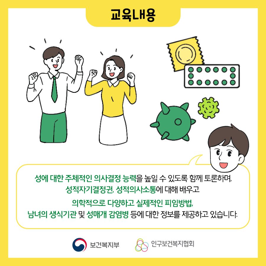 교육내용은 성에 대한 주체적인 의사결정 능력을 높일 수 있도록 함께 토론하며, 성적자기결정권, 성적의사소통에 대해 배우고 의학적으로 다양하고 실제적인 피임방법, 남녀의 생식기관 및 성매개 감염병 등에 대한 정보를 제공하고 있습니다.