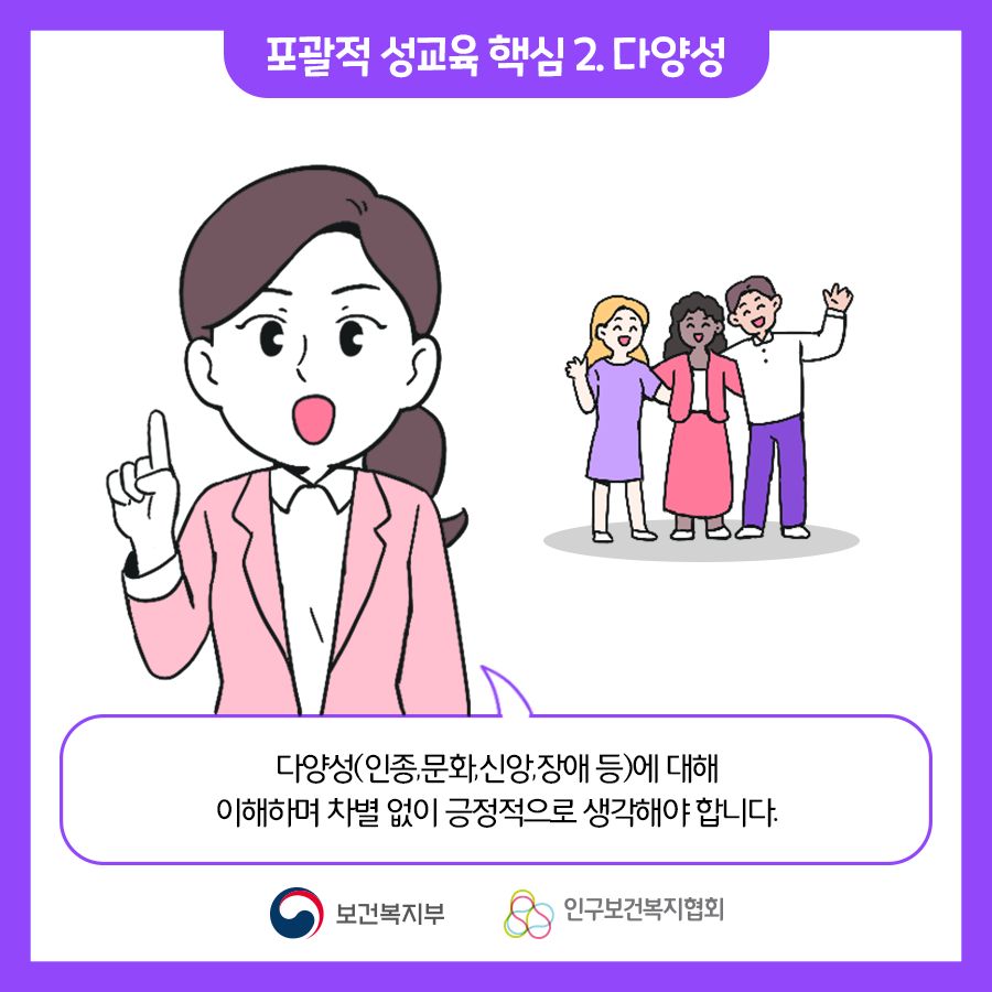 포괄적 성교육 핵심 2. 다양성 : 다양성(인종,문화,신앙,장애 등)에 대해 이해하며 차별 없이 긍정적으로 생각해야 합니다.