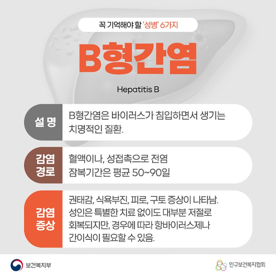 B형간염 Hepatitis B 설명 : B형간염은 바이러스가 침입하면서 생기는 치명적인 질환. 감염 경로 : 혈액이나, 성접촉으로 전염. 잠복기간은 평균 50~90일. 감염 증상 : 권태감, 식욕부진, 피로, 구토 증상이 나타남. 성인은 특별한 치료 없이도 대부분 저절로 회복되지만, 경우에 따라 항바이러스제나 간이식이 필요할 수 있음.