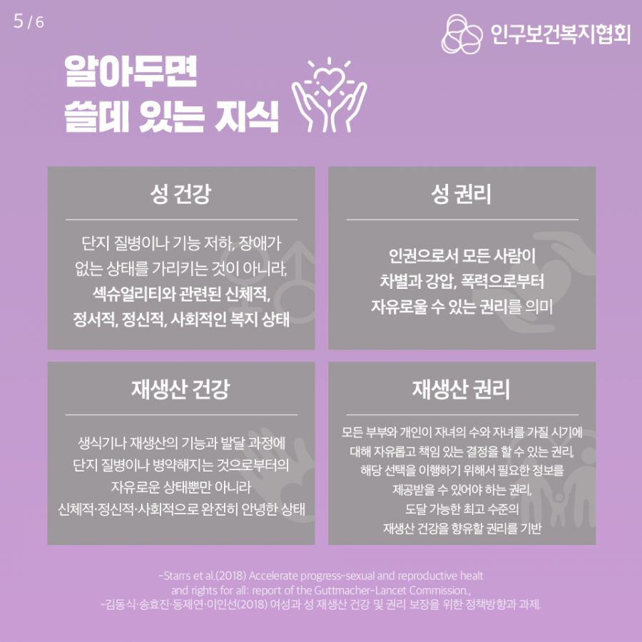 알아두면 쓸데 있는 지식 성 건강 : 단지 질병이나 기능 저하, 장애가 없는 상태를 가리키는 것이 아니라, 섹슈얼리티와 관련된 신체적, 정서적, 정신적, 사회적인 복지 상태, 성 권리 : 인권으로서 모든 사람이 차별과 강압, 폭력으로부터 자유로울 수 있는 권리를 의미, 재생산 건강 : 생식기나 재생산의 기능과 발달 과정에 단지 질병이나 병약해지는 것으로부터의 자유로운 상태뿐만 아니라 신체적, 정신적, 사회적으로 완전히 안녕한 상태, 재생산 권리 : 모든 부부와 개인이 자녀의 수와 자녀를 가질 시기에 대해 자유롭고 책임 있는 결정을 할 수 있는 권리, 해당 선택을 이행하기 위해서 필요한 정보를 제공받을 수 있어야 하는 권리, 도달 가능한 최고 수준의 재생산 건강을 향유할 권리를 기반