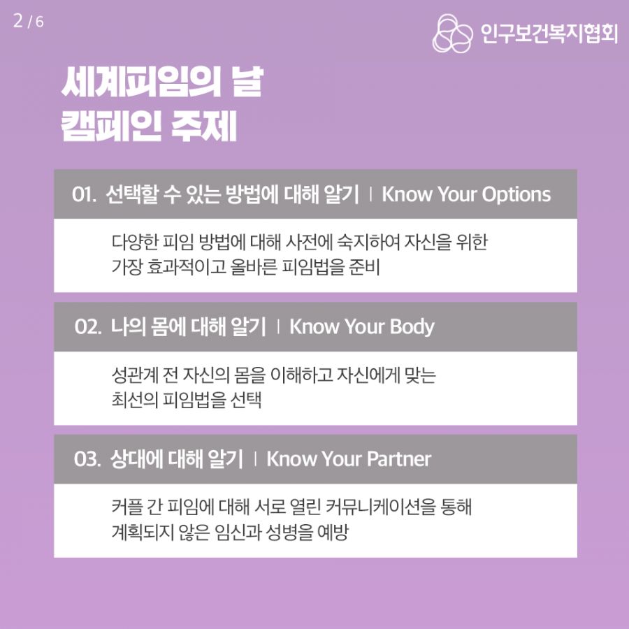 세계피임의 날 캠페인 주제 01. 선택할 수 있는 방법에 대해 알기(Know Your Options) : 다양한 피임 방법에 대해 사전에 숙지하여 자신을 위한 가장 효과적이로 올바른 피임법을 준비 02. 나의 몸에 대해 알기(Know Your Body) : 성관계 전 자신의 몸을 이해하고 자신에게 맞는 최선의 피임법을 선택 03. 상대에 대해 알기(Know Your Partner) : 커플 간 피임에 대해 서로 열린 커뮤니케이션을 통해 계획되지 않은 임신과 성병을 예방