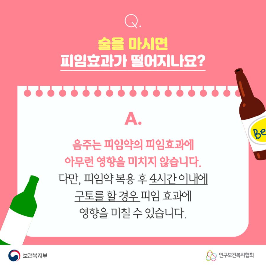 Q. 술을 마시면 피임효과가 떨어지나요? A. 음주는 피임약의 피임효과에 아무런 영향을 미치지 않습니다. 다만, 피임약 복용 후 4시간 이내에 구토를 할 경우 피임 효과에 영향을 미칠 수 있습니다.