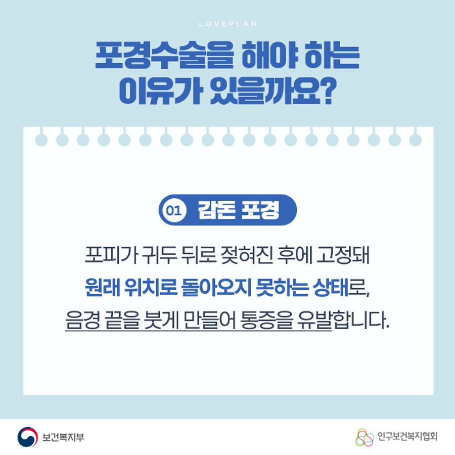 포경수술을 해야 하는 이유가 있을까요? (01) 감돈 포경 : 포피가 귀두 뒤로 젖혀진 후에 고정돼 원래 위치로 돌아오지 못하는 상태로, 음경 끝을 붓게 만들어 통증을 유발합니다.