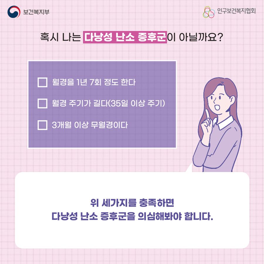 혹시 나는 다낭성 난소 증후군이 아닐까요? □ 월경을 1년 7회 정도 한다 □ 월경 주기가 길다(35일 이상 주기) □ 3개월 이상 무월경이다 위 세가지를 충족하면 다낭성 난소 증후군을 의심해봐야 합니다.