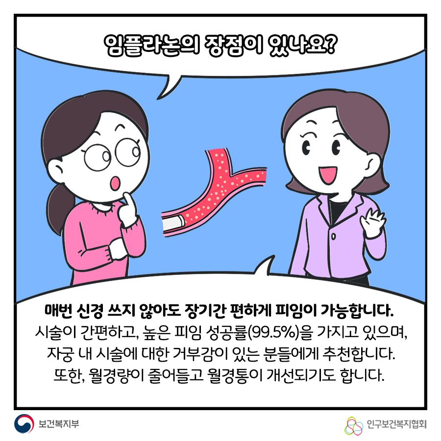 임플라논의 장점이 있나요? 매번 신경쓰지 않아도 장기간 편하게 피임이 가능합니다. 시술이 간편하고, 높은 피임 성공률(99.5%)을 가지고 있으며, 자궁 내 시술에 대한 거부감이 있는 분들에게 추천합니다. 또한, 월경량이 줄어들고 월경통이 개선되기도 합니다.