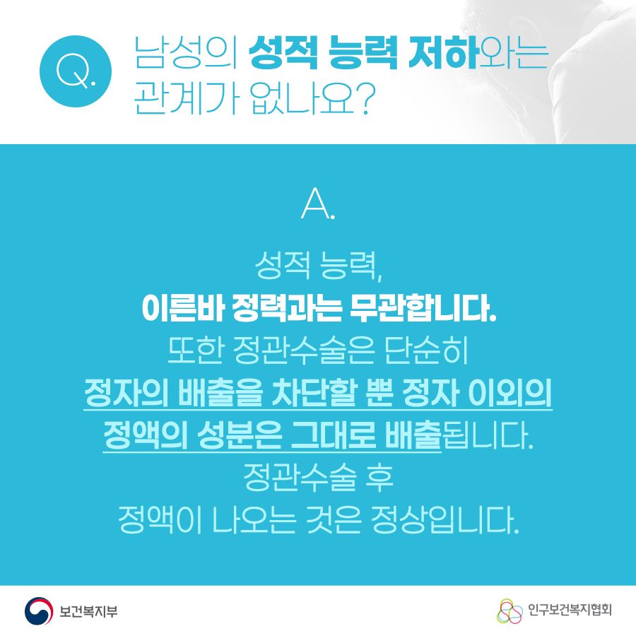 Q. 남성의 성적 능력 정화와는 관계가 없나요? A. 성적 능력, 이른바 정력과는 무관합니다. 또한 정관수술은 단순히 정자의 배출을 차단할 뿐 정자 이외의 정액의 성분은 그대로 배출됩니다. 정관수술 후 정액이 나오는것은 정상입니다. 보건복지부로고,인구보건복지협회로고