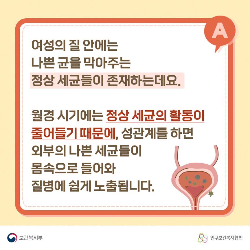 A. 여성의 질 안에는 나쁜 균을 막아주는 정상 세균들이 존재하는데요. 월경 시기에는 정상 세균의 활동이 줄어들기 때문에, 성관계를 하면 외부의 나쁜 세균들이 몸속으로 들어와 질병에 쉽게 노출됩니다. 보건복지부로고,인구보건복지협회로고