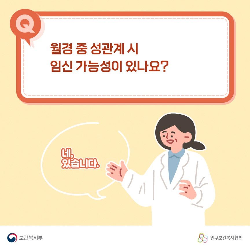 Q. 월경 중 성관계 시 임신 가능성이 있나요? 네, 있습니다. 보건복지부로고,인구보건복지협회로고